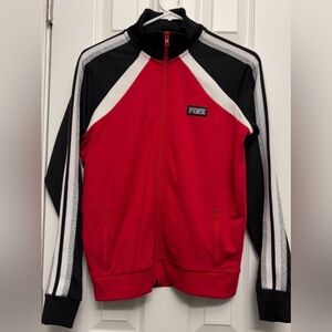 PINK Victoria’s Secret Track Jacket Red Black White Glitter Stripe S
